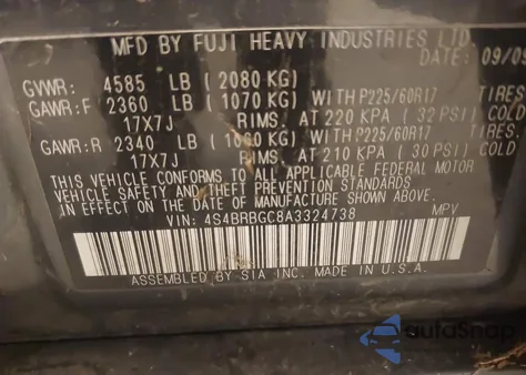 2010 Subaru Outback 2.5I Premium z USA, uszkodzony, nr VIN 4S4BRBGC8A3324738